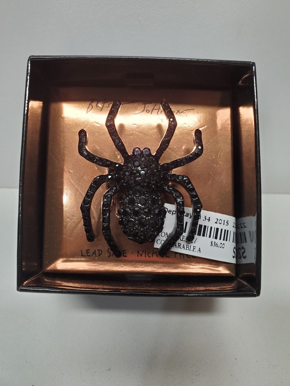 Betsey Johnson Black Crystal Encrusted Spider Cocktail Stretch Ring.